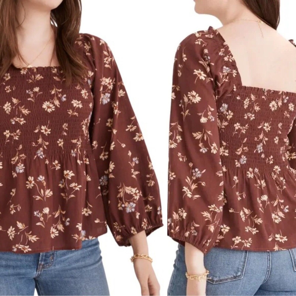Madewell Lucie Smocked Square Neck Cotton Blouse size 8 Dark Merlot Size 6